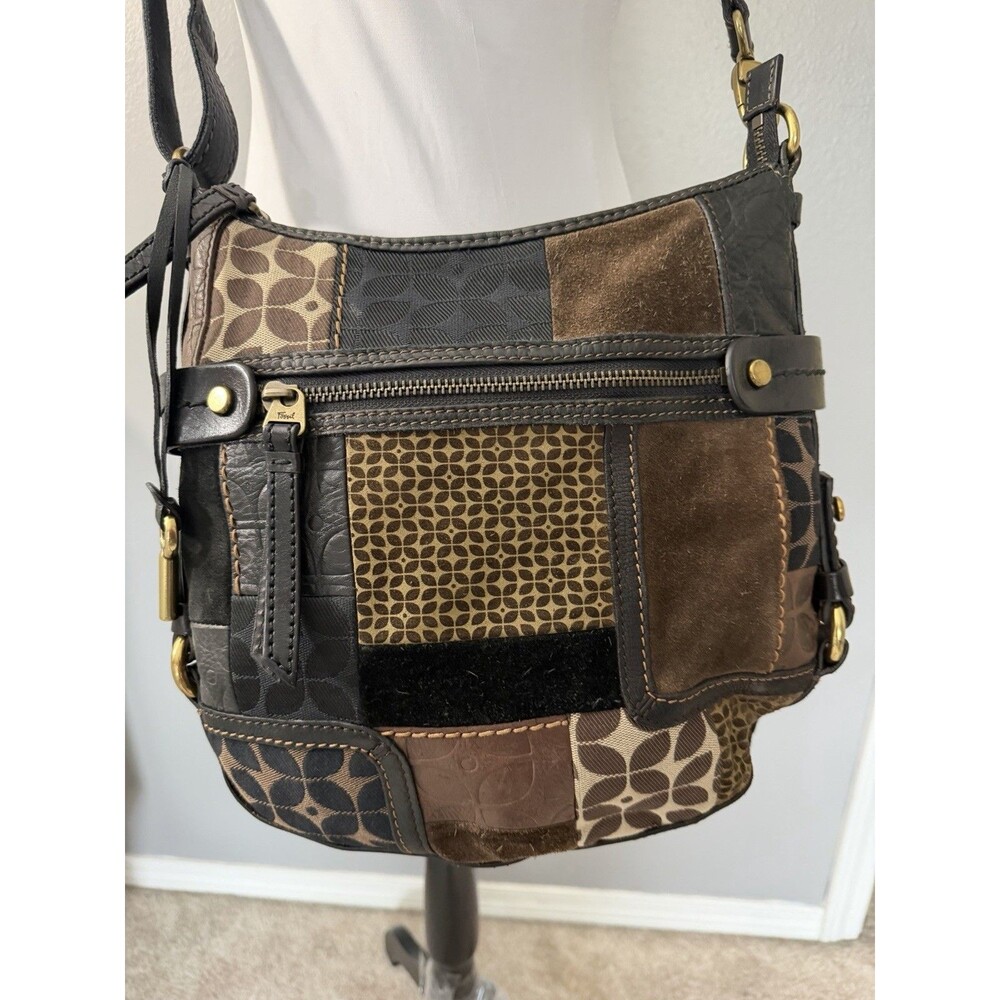 Fossil Patchwork Shoulder Handbag Canvas Leather … - image 2
